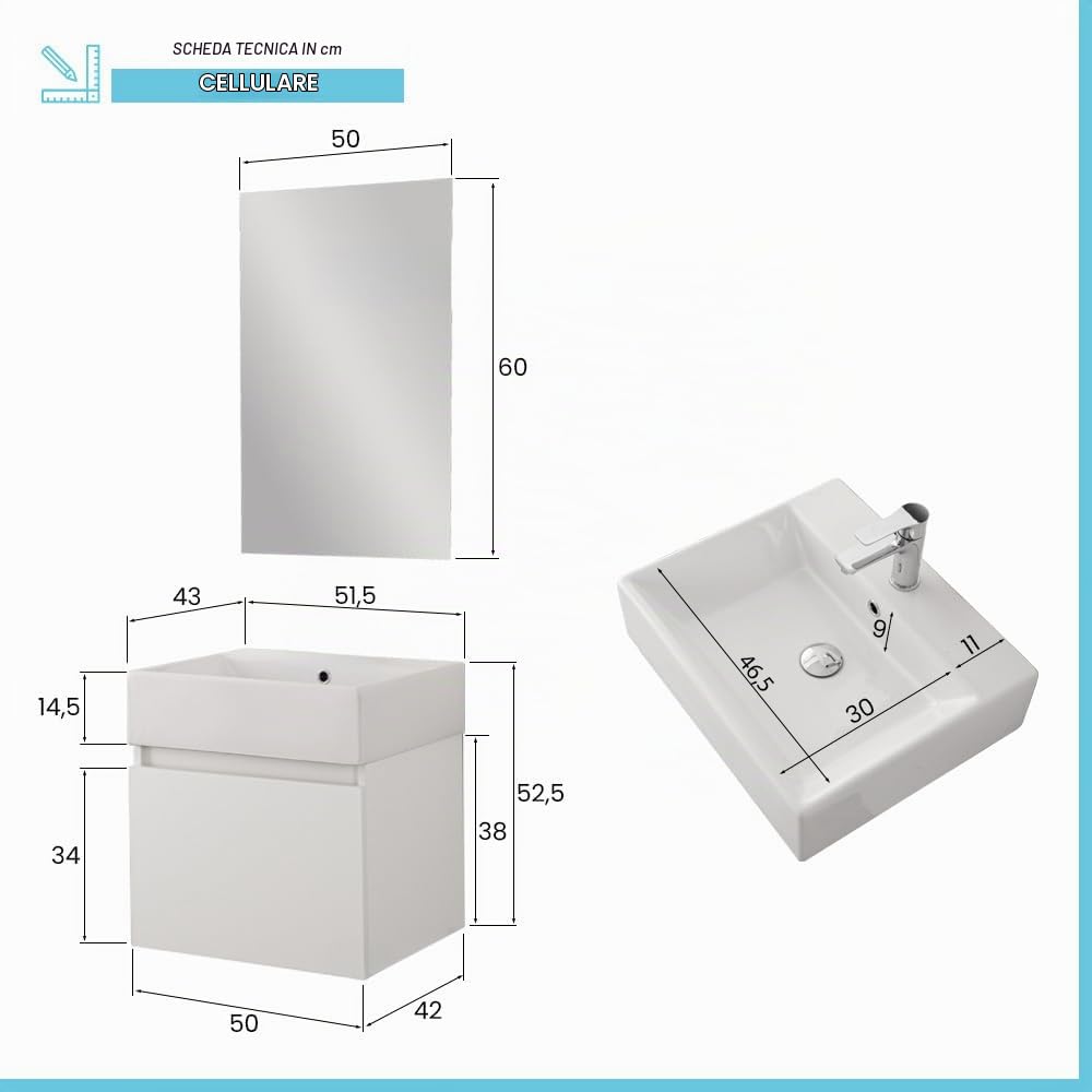 Mobiletto Bagno Sospeso Salvaspazio Da 50 Cm In Legno Nobilitato Bianco Linea Kira Con 1 Anta Dalla Chiusura Soft-Close, Completo Di Specchio 50x60 Cm E Lavabo