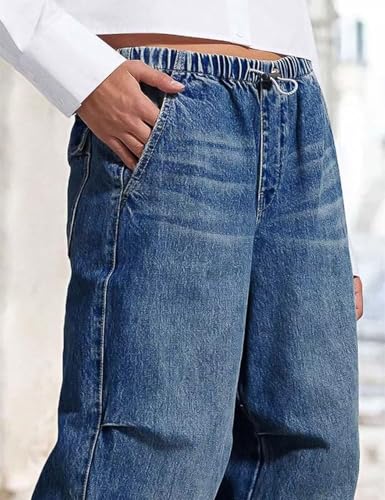 Flygo Womens Wide Leg Jeans Elastic Waist Drawstring Baggy Jeans Y2K Boyfriend Jeans Loose Denim Pants3