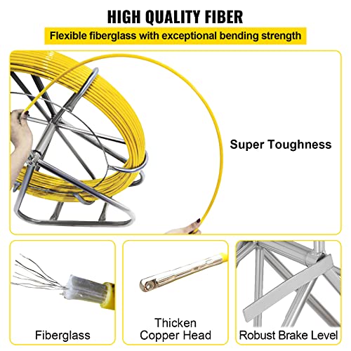 Happybuy Fish Tape Fiberglass 6Mm 656Ft,Duct Rodder Fish Tape Puller Fiberglass Wire Cable Running With Cage And Wheel Stand,Durable Steel Reel Stand,Fish Tape Min Bending Radius 13 Inch/330 Mm #TOP3