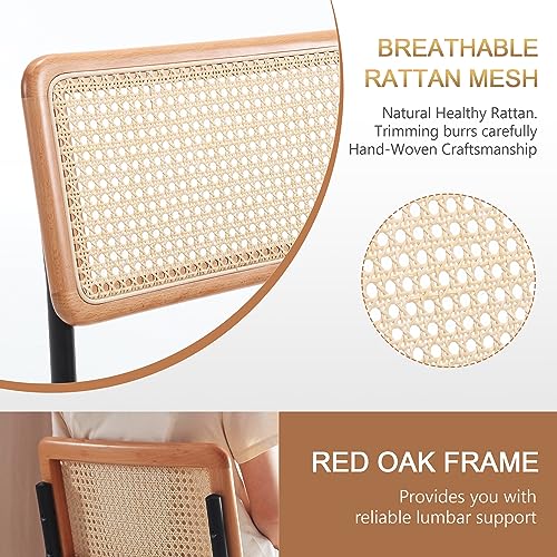 Image of Zesthouse Rattan Desk Chair No Wheels, Mid Century Modern Home Office Chair with Cane Mesh & Wooden Back, Vintage Faux Leather Swivel Accent Chair, Upholstered Armless Computer Task Chair,Brown