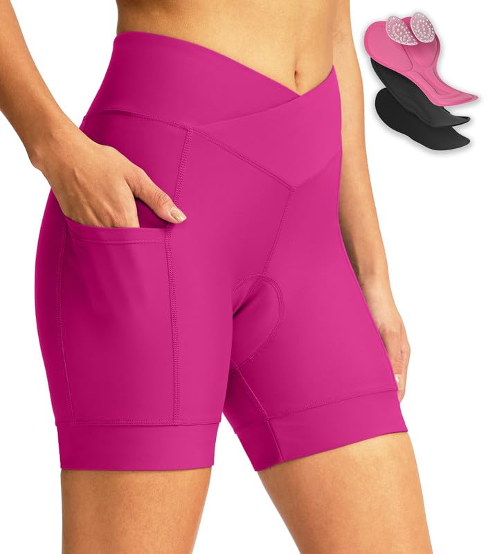 Women's Bike Shorts 4D Padded Cycling Shorts Crossover Waist Biking Shorts with Pockets Bicycle Riding