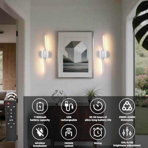 Image of Battery Operated Wall Sconce, Silver LED Battery Wall Light dimming with Remote Control, 23.6 Inch Rechargeable Chrome Wireless Wall Lights for Living Room, Bedroom, and Stairs Wall Sconces (2 Pack)