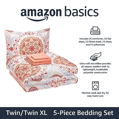 Image of Amazon Basics Twin /Twin XL Lightweight Microfiber Comforter Bedding Set with Printed Sheets, 5-Piece Bed-in-a-Bag, Coral Medallion