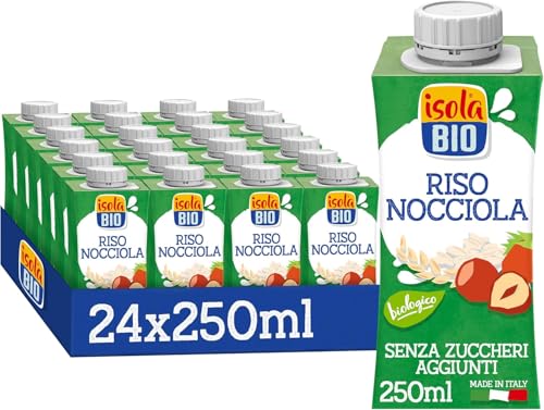 Isola Bio - Pack de 24 Unidades de 250 ml de Bebida Ecológica Vegetal de Arroz y Avellanas - Sin Azúcares Añadidos y Sin Gluten - Apto para Veganos - Ideal para Tomar Sola, con Café o en Batidos