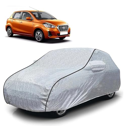 Image of Sulfar 100% Waterproof Car Body Cover Compatible with Mirror for Nissan Datsun Go (Triple Stitched, Full Bottom Elastic, Magic Silver with Black Piping)