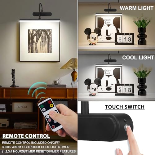 Image of HEAGEERO Picture Light Battery Operated,Timer and Dimmable Wireless Accent LightMetal Picture Lights for Wall, Remote Wall Light for Display, Art,Dartbord-Black.