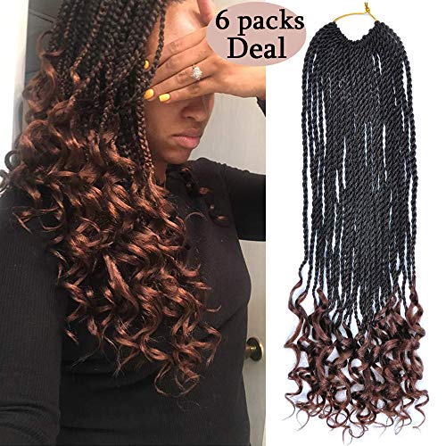 Mychanson 6Pack 30Roots/Pcak Box Braids with Curly Ends Hair Extensions Ombre Color Senegalese Twist Crochet Braiding Hair Synthetic Low Temperature Fiber Box Braids 20Inch 80g(T30#)