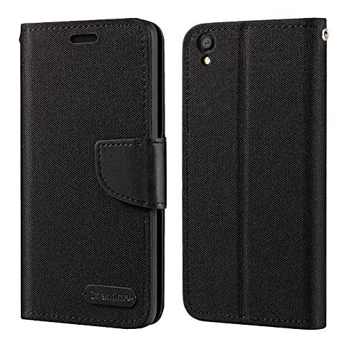 Custodia Flip in Tessuto Oxford e Pelle PU Compatibile con OPPO A37, Cover Protettiva con Chiusura Magnetica e Tasche per Carte (Nero)
