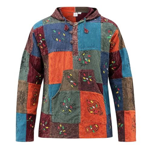 Shopoholic Fashion Mens Plain Patchwork Grandad Hoodie Shirt(4XL) Multicoloured