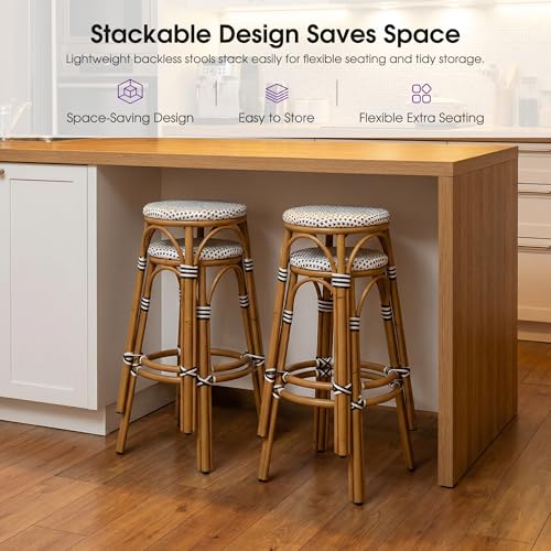 Image of PURPLE LEAF Outdoor French Round Bar Stool Set of 2 Oversized 30 inch Armless Stackable Rattan Barstools Bamboo Print Aluminum Frame with Woven Wicker for Patio Island Cafe White and Black