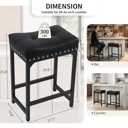 Image of Bar Stools Set of 3, Counter Height Bar Stools for Kitchen Island, 24 Inch Black Saddle Backless Barstools, Counter Height Stools with Thick Saddle Seats & Metal Base, Black