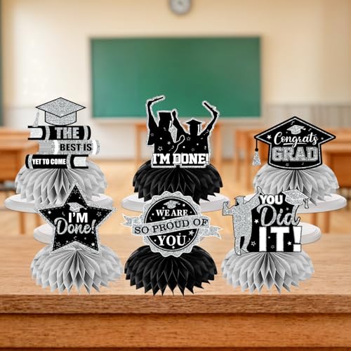 Image of 12pcs Graduation Table Decorations,Black Silver Graduation Decorations 2026 Graduation Centerpieces for Tables,Class of 2026 Centerpieces Honeycomb for Congrats Grad Table Decor(Black)