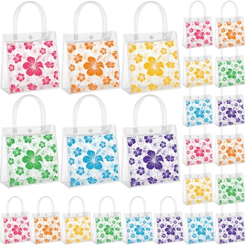 SilTriangle 36 Pcs Hawaiian Clear Gift Bags Luau Party Favors with Handles Bag 6.3 x 5.91 x 2.76 Inches Hibiscus PVC Goodie Bag Aloha Tropical Tiki Beach Gift Bags for Summer Birthday Party Supplies