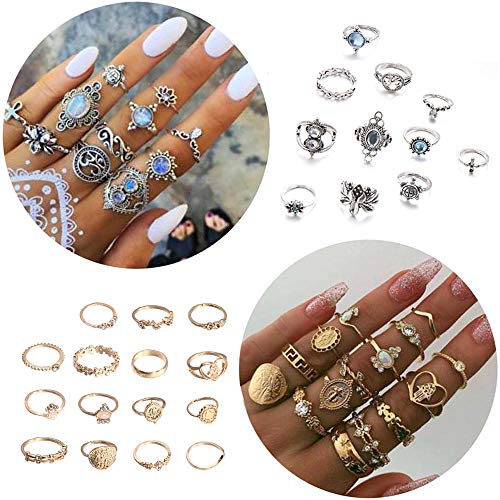 26Pcs Bohemian Crystal Knuckle Rings Set Gemstone Vintage Flower Stackable Finger Rings Midi Rings for Women Hollow Carved Flowers Gold&Silver Rings Crystal Joint Rings