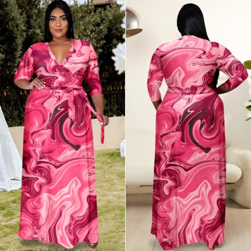 Image of Runwind Plus Size Dresses for Women Floral Maxi Dress Flowy 3 /4 Sleeve with Belt