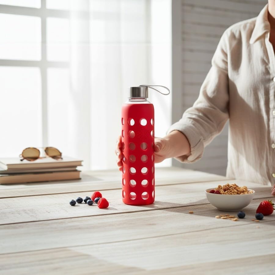 Image of Borosilicate Glass Water Bottle with Silicone Sleeve | BPA-Free, Leakproof, Reusable, Eco-Friendly, Hot & Cold Safe, Travel Bottle for Gym, Office, Yoga (Red, 500ml)