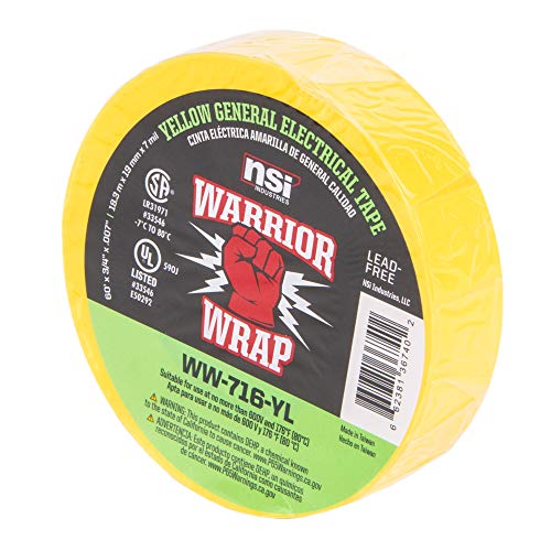 Image of NSI WW-716-YL WarriorWrap General 7 mil Vinyl Electrical Tape, 3 /4 inch Width, 60' Length, Yellow (Pack of 2)