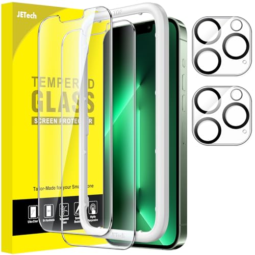 JETech Protector Pantalla para iPhone 13 Pro Max 6,7 Pulgadas y Protector Lente Cámara, Marco de Instalación Fácil, Cristal Vidrio Templado, 2 Paquetes Cada Uno