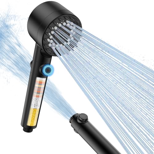 FEELSO Pommeau de Douche Anti Calcaire avec Filtre à 15 Couches, 3+1 Types de Jets Pommeau Douche Haute Pression,Douchette Douche avec Stop Eau (Noir)
