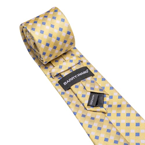 Image of Barry.Wang Plaid Ties Mens Silk Necktie and Tie Clip Checkered Tie for Wedding Party Business Formal