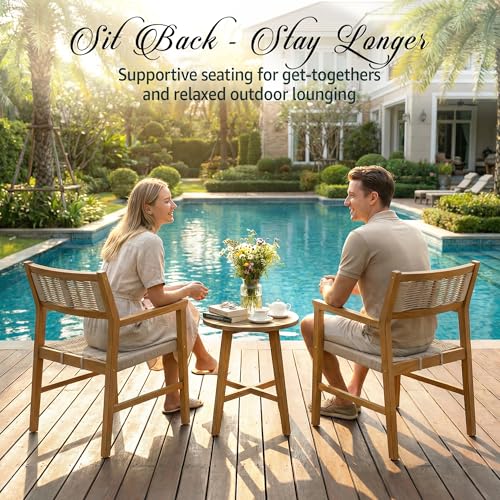 Image of Acacia Heritage Woven Rope Wood Armchair, Set of 2 - Handcrafted Outdoor Patio Dining Chairs with UV Resistant Finish - Solid Wood Boho Accent Seating for Deck, Porch & Backyard, Natural