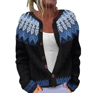 Strickjacken für Damen, Fair-Isle-Nordisch gemustert, langärmelig, Rundhalsausschnitt, Strickjacke für Herbst und Winter, Blaue, XL