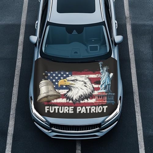 Image of USA Flag Wolf Car Hood Cover Elastic Car Hood Cover Banner Future Patriot Car Hood Dust Covers 4th of July Automobile Front Hood Cover Easy Installation