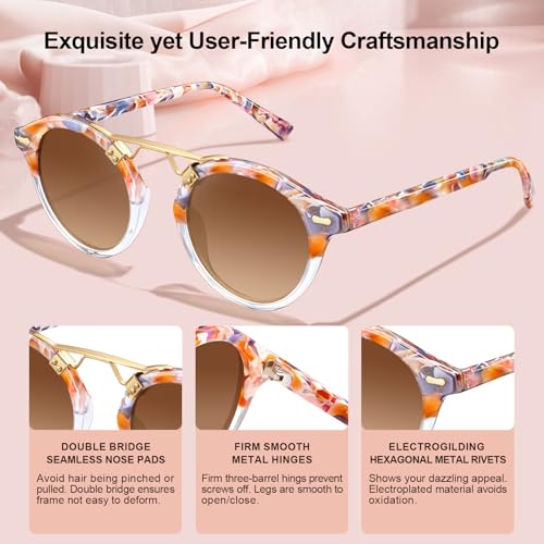 Image of CARFIA Small Face Acetate Polarized Sunglasses for Women UV Protection, Retro Double Bridge Eyewears Metal Brow Round Sunnies
