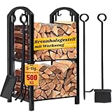 Amagabeli Kaminholzregal Innen Brennholzregal mit 4 Kaminwerkzeug Kaminholzständer Kaminbesteck für Außen Kaminholzhalter Holzregal für Kamin Kaminofen Besteck Schmiedeeisen Schwarz