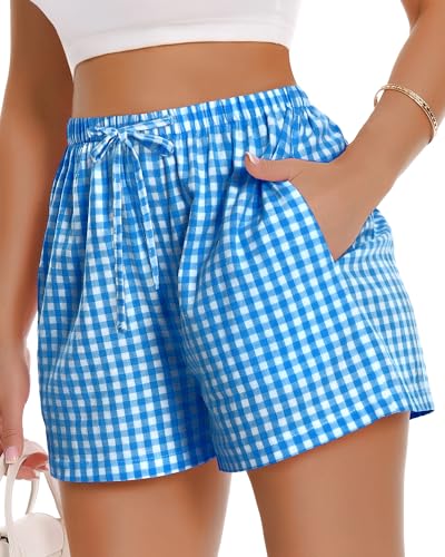 Image of Women Boxer Shorts Gingham Drawstring Pajama Bottom Plaid Pants with Pocket