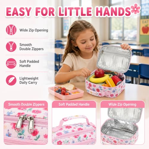 Image of CAMTOP Lunch Box Kids Boys Insulated Lunch Cooler Bag Reusable Lunch Tote Kit for School Travel (Flower Pink)