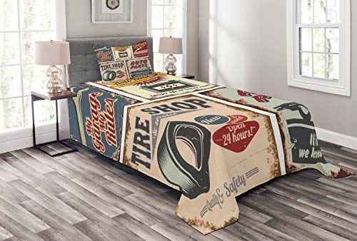 Lunarable 1950s Bedspread, Vintage Car Signs Automobile Advertising Repair Vehicle Garage Classics Servicing, Decorative Quilted 2 Piece Coverlet Set with Pillow Sham, Twin Size, Maroon Cream