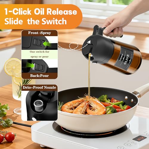 Image of Olive Oil Sprayer & Dispenser for Cooking, 16oz Dark Glass Oil Mister, 2PC | 2-in-1 Oil Sprayer & Pourer, Fine mist, Light-Blocking, Wide Mouth for Easy Refill & Clean, 8 Oil Labels, Reusable