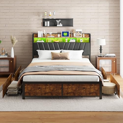 belupai Cama doble de 160 x 200 cm, cama de almacenamiento de estilo industrial con luces LED, cabecero tapizado de poliuretano y 4 cajones, marco de cama de metal, sin colchón, madera y negro
