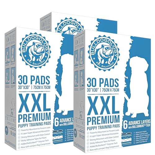 Image of Bulldogology Puppy Pee Pads XXL with Adhesive Sticky Tape - Extra Large Dog Puppy Pads (30x30) Puppy Pads Pet Training Pads with 6 Layers Quick Dry Bullsorbent Polymer Tech (90-Count, White)