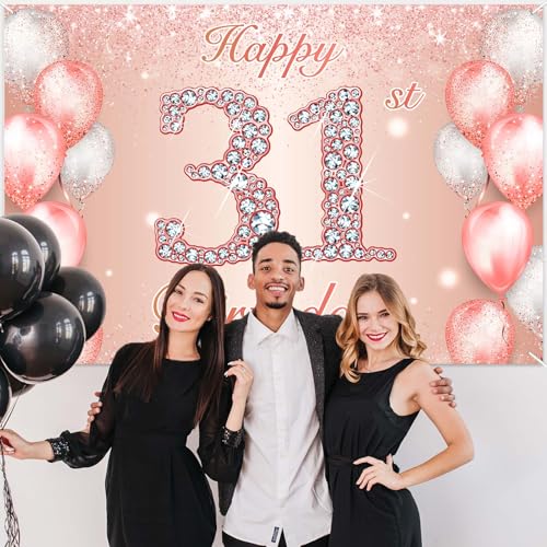 Image of Happy 31st Birthday Rose Gold Banner Cheers to 31 Years Old Backdrop Confetti Balloons Theme Decor for Women 31 Years Old Pink Birthday Party Decorations Bday Supplies Background Favors Gift Glitter