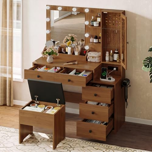 Image of Vanity Desk with Mirror and Lights, Walnut Makeup Vanity with 5 Drawers Hidden Jewelry Organizer& LED Glass Cabinet,3 Light Mode and Brightness Adjusted,Vanities Mirror with Lights Desk and Chair