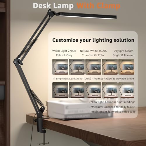 Image of Upgrade Swing Arm LED Desk Lamp with Clamp, 80 LED Beads, 5 Color Modes & 11 Brightness Levels, 360 Adjustable Arm, Eye-Caring Light CRI95, Timer & Memory Function, for Office, Study, Crafting