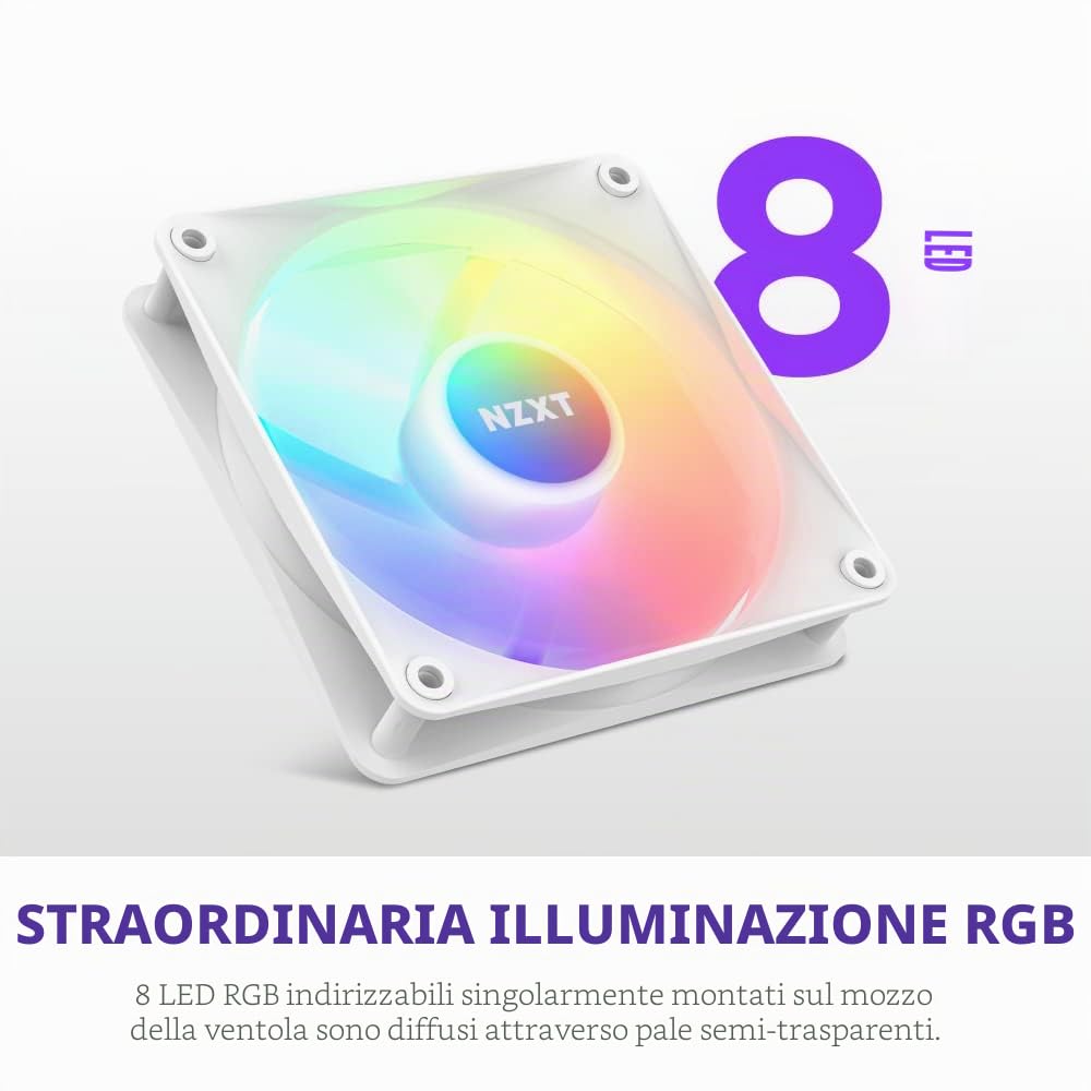 NZXT F120 RGB Core - RF-C12SF-W1 - Ventola RGB montata su hub 120mm - 8 LED indirizzabili singolarmente - Valori elevati di pressione statica e di flusso d’aria - Controllo PWM - Bianco