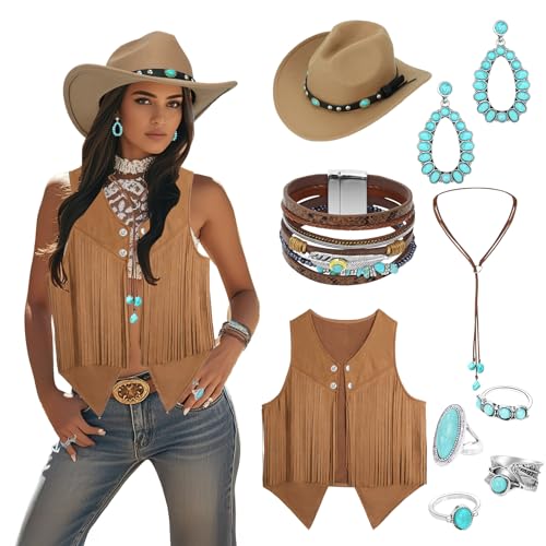 OJMHD Cowgirl-Outfits für Damen, Western-Kostüm-Zubehör mit Quaste, Weste, Cowboyhut, Türkis, Halskette, Armbänder, Ring für Halloween, Cosplay,...