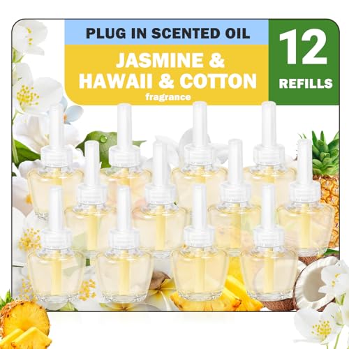 SCENTORINI Duftstecker Nachfüller, Raumduft Lufterfrischer, 12 x 19ML, Raum Duftölflakon, Baumwolle, Jasmin und Hawaii Duft, Duftflakons Nachfüller Geeignet für Air Wick und Glade Duftstecker