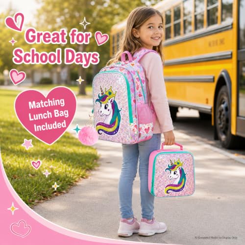 Image of 3Pcs Unicorn Backpack for Girls, 16 inch Sequin Bookbag Set for Kids, Elementary Preschool Preschool School Backpacks with Lunch Box (Pink)