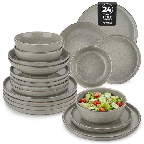 Steingut Geschirrset 6 Personen, vancasso ANYA Braun Teller Set Modern...