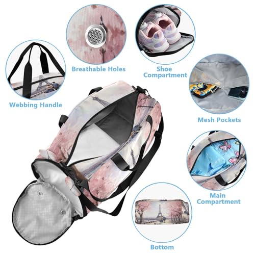 YETTASBIN Sport Travel Duffel Bag for Girls Boys, Paris Eiffel Tower Large Waterproof Weekender Overnight Bag, Detachable Shoulder Strap Gym Bag with Shoe Compartment & Wet Pocket4