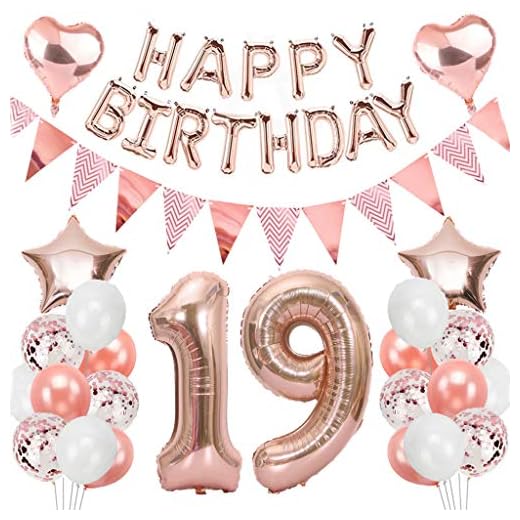 Ouceanwin 19 Cumpleaños Decoraciones Oro Rosa, Globos Numeros Gigante 19, Bandera de Globos Happy Birthday, Globos de Confeti, 19 años Fiesta de Cumpleaños Kit para Niñas y Mujeres