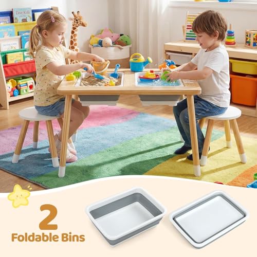 Image of Costzon Toddler Sensory Table and Chairs, Wooden Table and Chair Set w /Double-Sided Boards & 2 Foldable Storage Bins, All-in-One Kids Activity Table for Draw, Sand, Water Play (3 PCS,Natural & White)