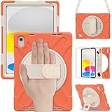 For 2022年秋iPad10ケース2022iPad第10世代10.9インチ米軍MIL資格 Apple Pencil収納 Touch ID対応 360度回転スタンド 調節可能 片手 肩掛けー付きタブレットPCケース【MYH】アイパッド10.9 2022 三層頑丈な防塵 耐久 落下防 丈夫頑丈 現場 工事傷つけ防止 カメラ保護 防塵 衝撃保護 キッズケース 対応機種：iPad10/2022 ipad 第10世代10.9インチ(コーラルオレンジ)