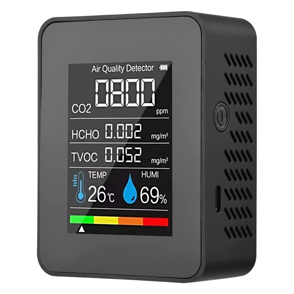Pasotim 5 in 1 Quality Monitor TVOC HCHO Temperature Humidity CO2 Meter, USB Rechargeable CO2 Detector Black