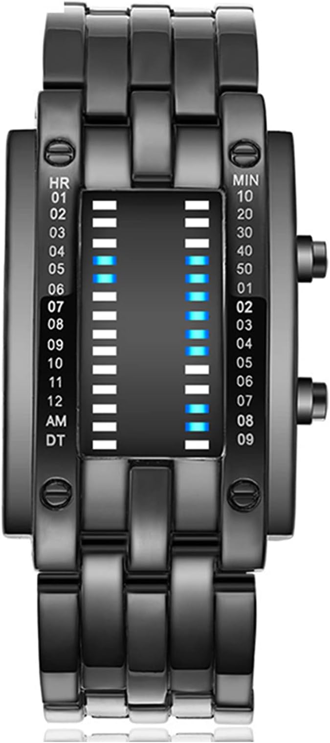 Mens Binary Blue LED Digital Watch, Digital LED Waterproofs Outdoor Casual Black Plated Waterproofs Backlight Bracelet Watches
