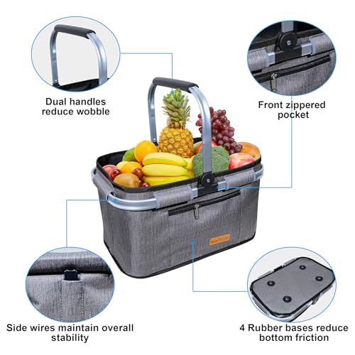ABIUBIU 35L Einkaufskorb Großer Picknickkorb mit gepolsterten Griffen Praktischer Faltbarer Korb Einkaufstasche mit Aluminiumrahmen Stabiler Korb Reisen/Picknick/Einkaufen